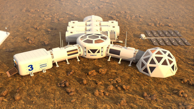 Mars planet satellite station orbit base martian colony space landscape. Elements of this image furnished by NASA.