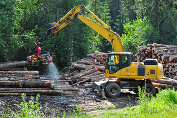 Wood production engine cutting logs