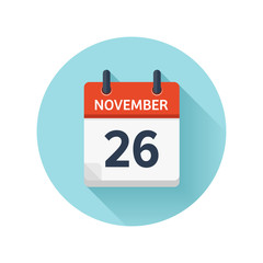November 26. Vector flat daily calendar icon. Date and time, day, month 2018. Holiday. Season.