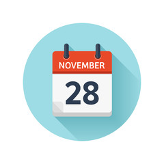 November 28. Vector flat daily calendar icon. Date and time, day, month 2018. Holiday. Season.