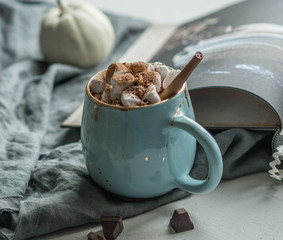 Hot chocolate with marshmallow in a blue mug with a cinnamon stick. an open book next door, one...