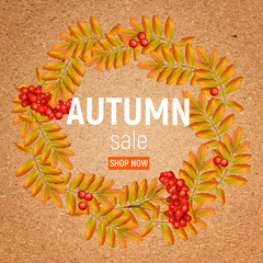 Autumn wreath with rowan, leaves and ashberry on a crafting paper. Beautiful greeting card with a wreath of realistic 3d mesh rowan branches with ashberry. Vector illustration