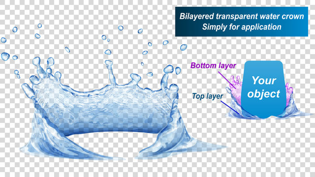 Transparent water crown consist of two layers: top and bottom. Splash of water in blue colors, isolated on transparent background. Transparency only in vector file