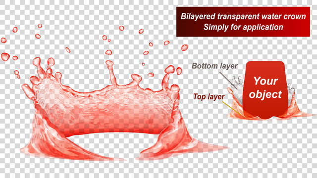 Transparent water crown consist of two layers: top and bottom. Splash of water in red colors, isolated on transparent background. Transparency only in vector file
