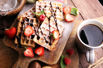Belgian waffles with strawberries and raspberries, homemade heal