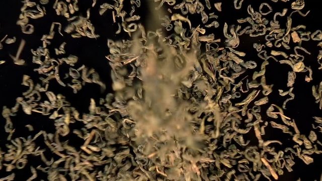 High quality video of falling green tea in real 1080p slow motion 250fps