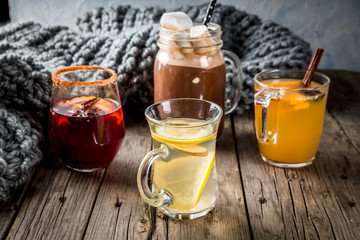 Selection of various autumn traditional drinks: hot chocolate with marshmallow, tea with lemon and ginger, white pumpkin spicy sangria, mulled wine. On wooden rustic table, copy space, selective focus