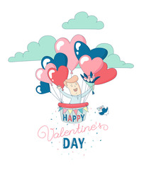 Happy Valentine's Day party greeting card invitation funny boy character flying with hot air heart balloons holding flowers. Line flat design kid's style. Vector illustration.
