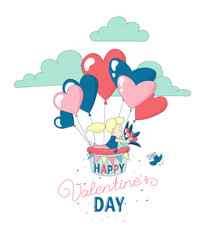 Happy Valentine's Day party greeting card invitation funny girl character flying with hot air heart balloons holding flowers. Line flat design kid's style. Vector illustration.