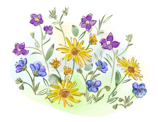 Watercolor flowers violets and pansy and leaves on meadow