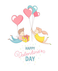 Happy Valentine's Day party greeting card invitation funny female girl and male boy characters flying into each other's arms with heart balloons. Line flat design kid's style