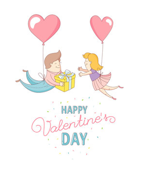 Happy Valentine's Day party greeting card invitation funny female girl and male boy characters flying into each other's arms with heart balloons. Line flat design kid's style