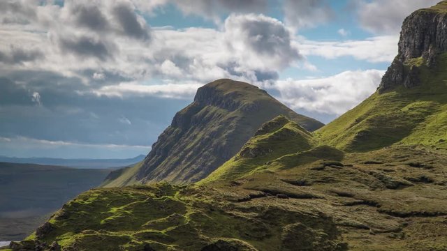 zooming Time lapse of the beautiful quiraing range of mountains in isle of skye, scotland on sunny day