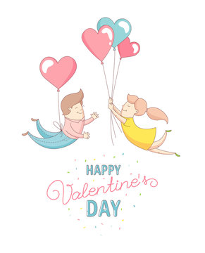 Happy Valentine's Day party greeting card invitation funny female girl and male boy characters flying into each other's arms with heart balloons. Line flat design kid's style