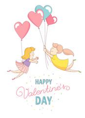 Funny cute gey women characters flying by heart balloons to congratulate each other with Happy Valentine's Day. Flat line design style. Vector illustration.