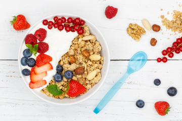 Müsli Frühstück Früchte Joghurt Erdbeeren Beeren essen Schale von oben