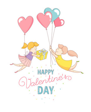 Funny cute gey women characters flying by heart balloons to congratulate each other with Happy Valentine's Day. Flat line design style. Vector illustration.
