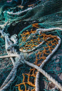 Fishing nets in the harbour at Ilfracombe. Devon, UK.