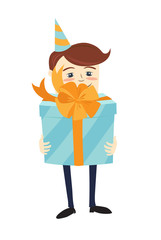 Fototapeta na wymiar Funny male character wearing holiday cap holding a blue present gift box wrapped with orange ribbon. Vector illustration