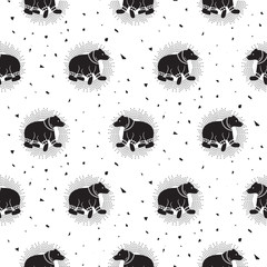 Bear black and white tribal seamless vector patterns. Wild animal fabric design with abstract particles and sunburst rays.