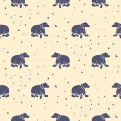 Bear purple and pastel pink tribal seamless vector patterns. Wild animal fabric design with abstract particles hipster print.