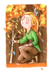 Watercolor illustration. Girl sitting in the forest