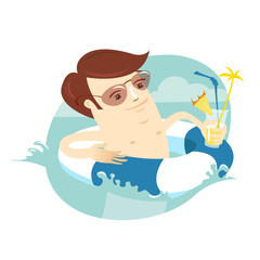 Vector illustration Funny man swimming in the sea with rubber ring and cocktail. Summer vacations at the sea. Flat style