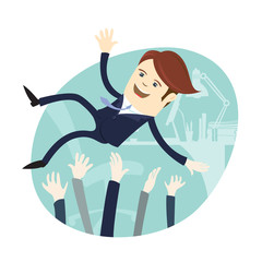 Vector illustration Happy business man wearing suit threw in the air by his team Colleagues. Flat style