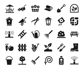 Landscape design, icons, monochrome, vector. Arrangement of land. Equipment for horticulture. Dark grey, flat icons on white background.  