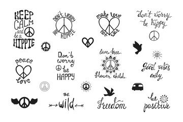 1554443 Vector set of hand drawn calligraphy phrases. Hippie typography