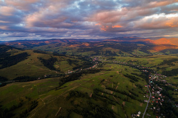 Aerial view of the village in the Carpathian mountains