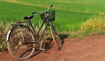 Fototapeta na wymiar old bicycle on soil and mud road in countryside 