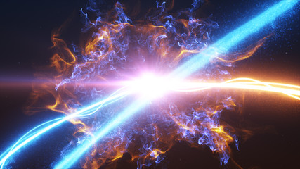 Cold and hot light streak breaks out on a black background with smoke and light particles and explode in space when interacting with each other 3d illustration