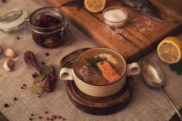 Tasty fish soup - ukha, soup from different fishes and vegetables