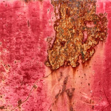 Peinture rouge sur plaque m&eacute;tallique rouill&eacute;e
