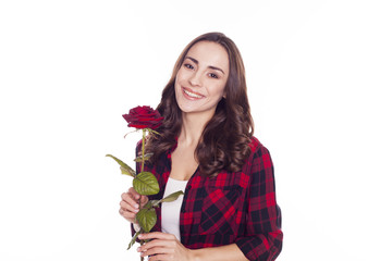 Beautiful young woman with red rose isolated on white