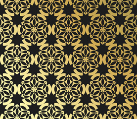 Fototapeta premium Vector golden seamless pattern with shapes sacred geometry on black background, alien crop circle, flower of life.