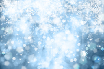 Beautiful blurry cyan blue abstract snowflakes background, Christmas and New Year illustration copy space greeting card.
