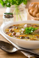 Chicken soup with mushrooms and noodles on rustic wooden table