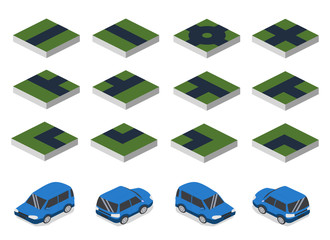 Naklejka premium Isometric 3D vector illustration concept set collection road and car. Parts of the road and the machine in different angles