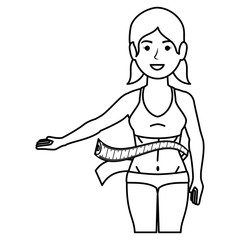 slim woman in a sports suit with tape measure