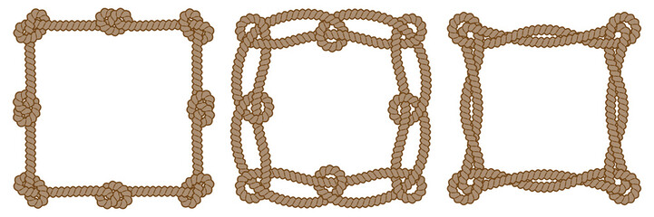 Set of 3 rope vector square frames with knots and loops