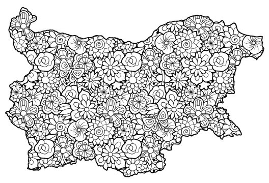 Map of Bulgaria with flowers. Black and white vector illustration, coloring page for adults