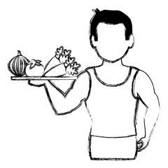thin man in sports suit with vegetables tray