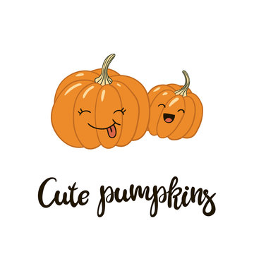 Cute cartoon pumpkins and hand written inscription. Vector illustration.