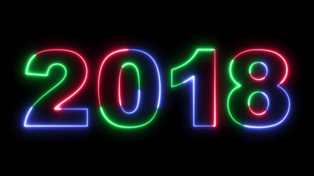2018 new year - RGB laser outline in three colors looping on black background in 4k