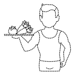 thin man in sports suit with vegetables tray