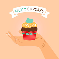 Party banner with hand holding cupcake
