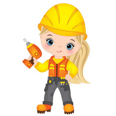 Vector Cute Little Girl Builder Drilling