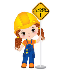 Vector Cute Little Girl Builder Holding the Sign - Under Construction